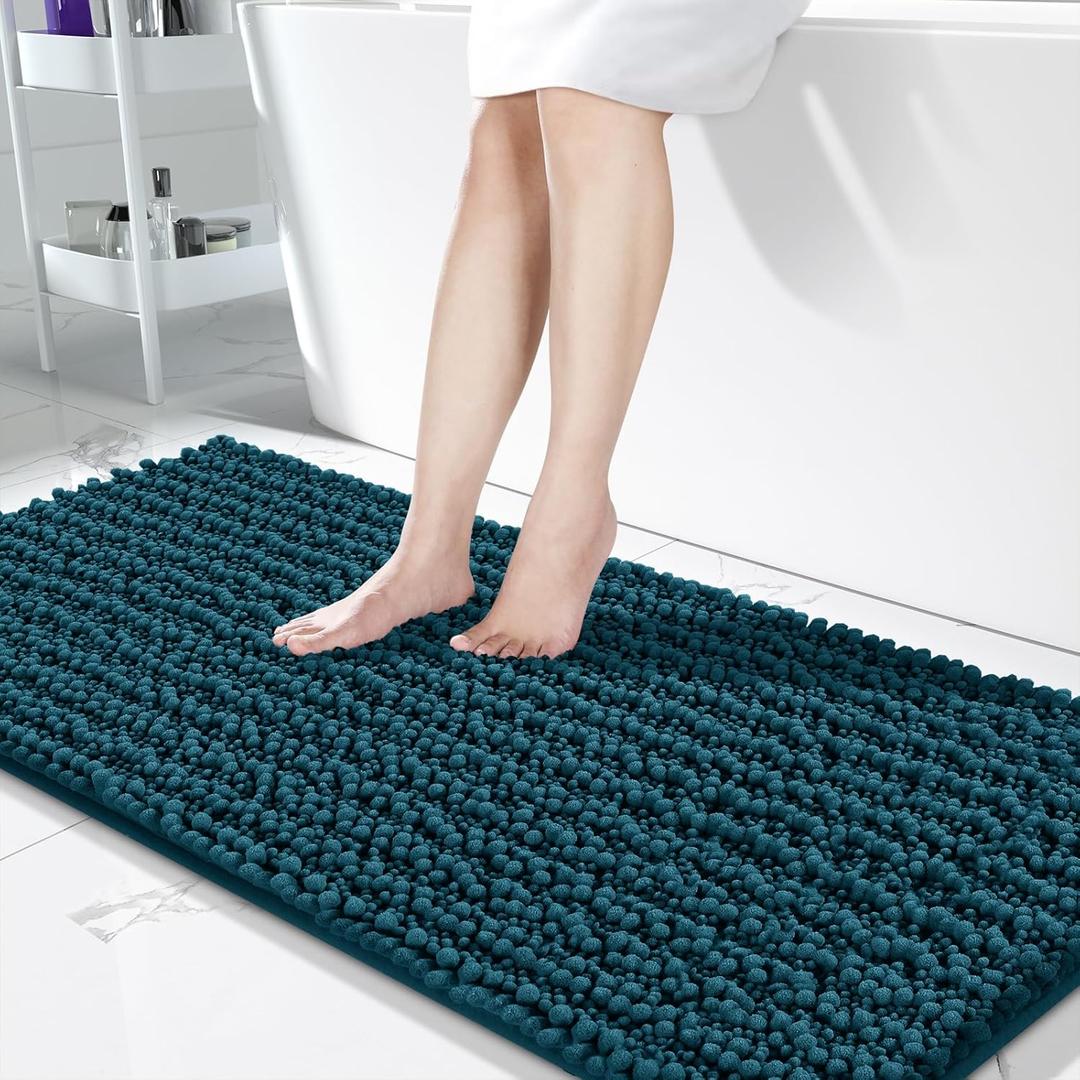 Yimobra Bathroom Runner Rug Mat 62 x 26, Non-Slip Soft Shaggy and Comfortable Large Size Chenille Bath Rug, Super Absorbent and Thick, Machine Washable, Long Bathroom Rug, Rustic Turquoise