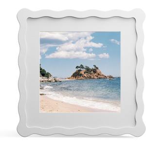 8x8 Picture Frame with Mat for 6x6, Wavy Edge Wooden Real Glass Photo Frame for Tabletop and Wall Hanging, White, 1 Pack