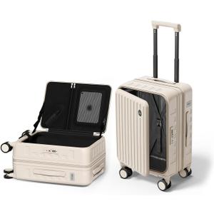 Top Opening Expandable Lightweight PC Hard Shell Suitcase, 20 Inch Carry On Luggage with TSA Lock, 360 Silent Spinner Wheels, Cup Holder, Ideal for Business Travel Suitcase (Beige)