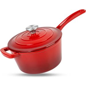 Enameled Cast Iron Sauce Pan, 2 Quarts Round Sauce Pot with Lid, Mini Dutch Oven Enamel Saucepan for Cooking Pasta Sauce, Marinate, Cook, Refrigerate and Serve, Gradient Red
