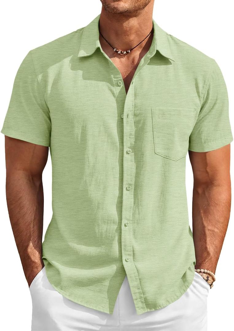 Runcati Mens Button Down Linen Shirt Short Sleeve Summer Beach Wedding Tops (Green, M)