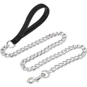 Chain Leash Metal Dog Leash Chrome Plated with Soft Padded Handle for Large Dogs.(XL, Black Handle)
