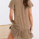 Imysty Womens Polka Dot V Neck Button Down Ruffles Loose Mini Short T-Shirt Dress (Brown, XL)