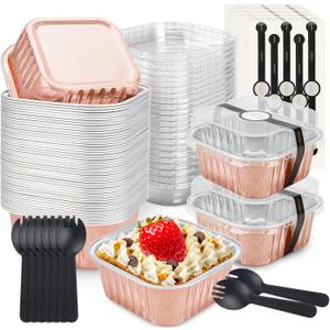 NPLUX 50 Pack Mini Cake Pans with Lids and Spoons Aluminum Foil Pans Square Cake Tins for Bakery Party Wedding Mothers Day Party Favors(Champagne Color,5 oz)