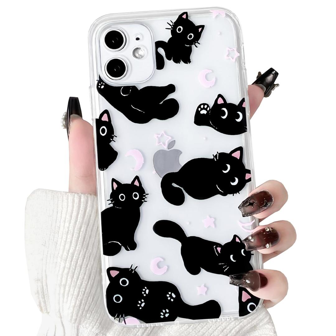 NITITOP Compatible with iPhone 11 Case Clear Cute Stylish Cats Moon Star Pattern for Girls Women Soft TPU Transparent Shockproof Protective Phone Cover - Pink