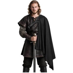 L'VOW Steampunk Shawl Half Shoulder Cape Samurai Cloak with Belt LARP Warrior Cape Medieval Halloween Costume for Men (Black, M)