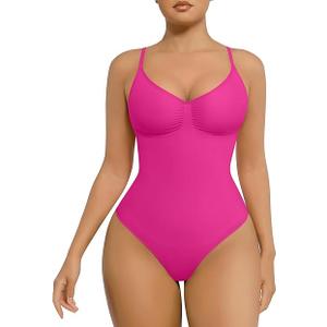 FeelinGirl Shapewear for Women Tummy Control Bodysuit Seamless Sculpting Snatched Waist Body Suit Shaper Thong M-L Raspberry Pink