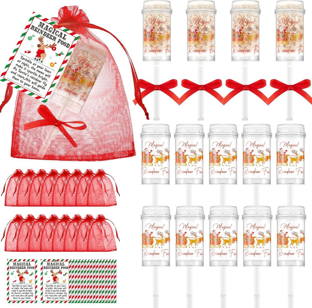 Pickmesh 48 Pcs Christmas Reindeer Food Red Organza Bags Card Ribbon, Christmas Eve Present Xmas Party Favors Tradition Reindeer Gifts