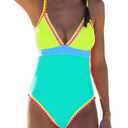 popvil Green Color Block One Piece Bathing Suit for Women V Neck Swimsuit Plunge Shell Trim Swimwear Tie Back Medium