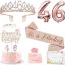 Awfrky 46th Birthday Decorations for Her Women, Including 46 year old Birthday Cake Topper, Queen Sash with Pearl Pin, Sweet Rhinestone Tiara Crown, Number Candles and Balloons Set, Rose Gold