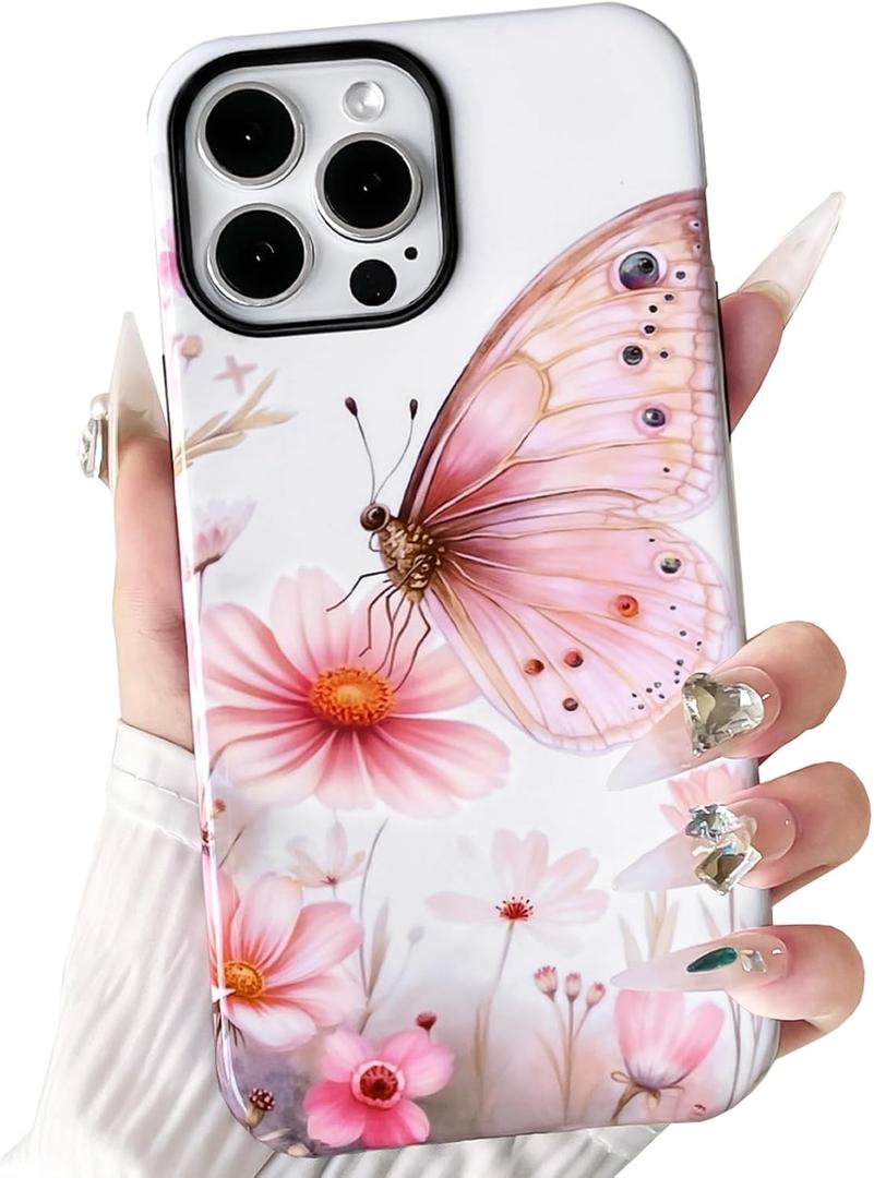 8 x NITITOP Compatible with iPhone 14 Pro Case Cute Butterfly Flowers Floral Pattern for Women Girls Glossy Hybrid 2 Layers Back Shockproof Protective Phone Cover - Pink