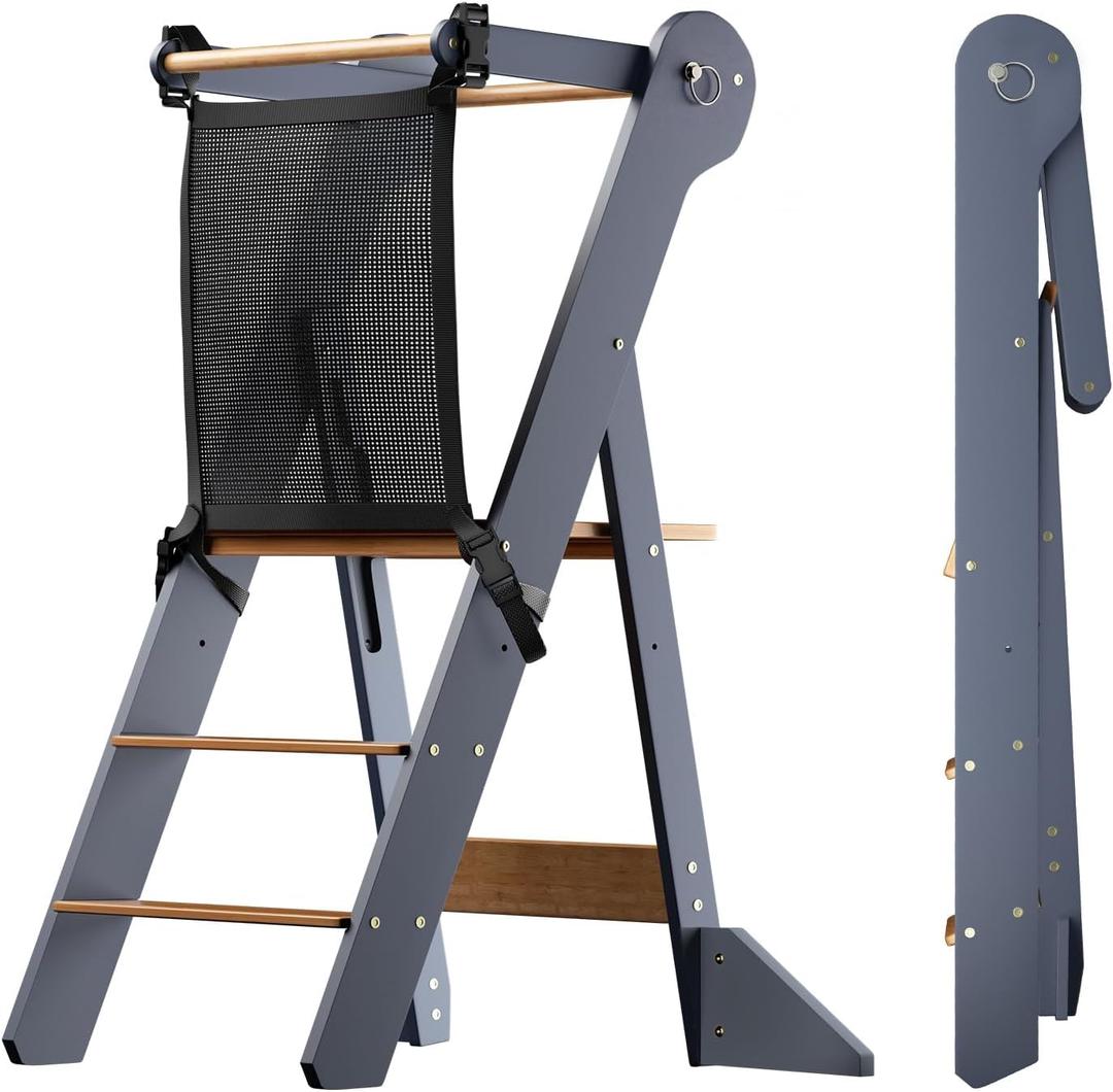 COSYLAND Foldable Toddler Standing Tower - Adjustable Height Folding Step Stool Kids Toddler Kitchen Stool for Learning and Cooking - Ages 18 Months to 6 Years with Safety Net Natural & Grey