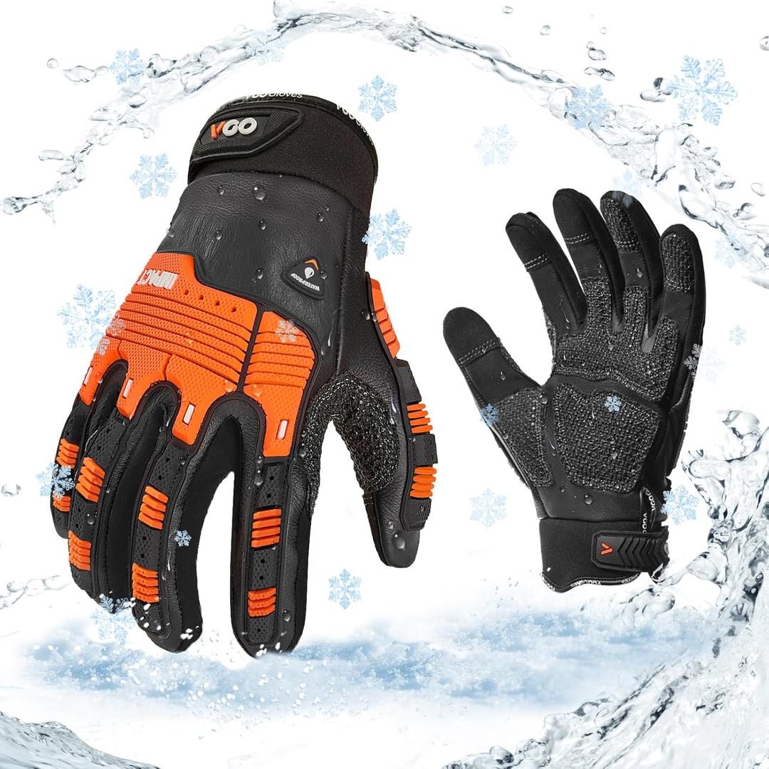 Vgo... 1 Pair -20/-4F COLDPROOF,Winter Work Leather Gloves,Impact Gloves,Anti-Vibration,Water Resistant(CA7722FW) (Large, Black)