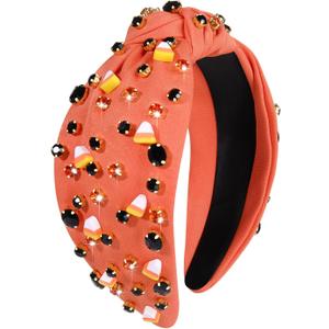 4 x Halloween Knotted Headband for Women Crystal Pumpkin Candy Corn Houndstooth Hairband Halloween Hair Accessories Gift