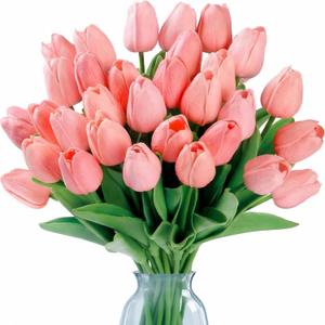 Hotop 40 Pcs Artificial Tulips Flowers 13" Real Lookfake PU Tulips Bouquet Faux Pink Flowers for Mothers Day Decorations Floral Arrangements Spring Dining Table Centerpieces Kitchen Home Indoor