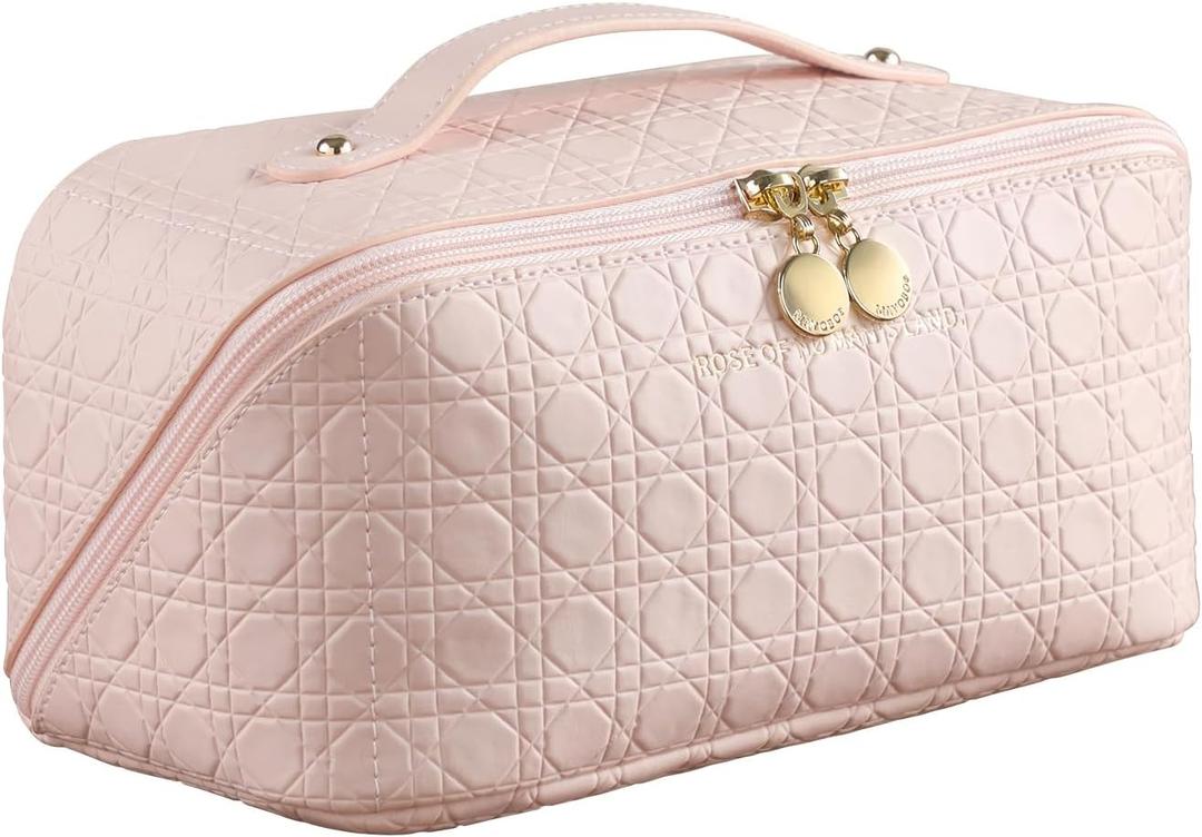 Travel Makeup Bag, Large Capacity Cosmetic Bag Portable Toiletry Bag for Women, PU Leather Waterproof Makeup Organizer Bag with Divider (Pink)