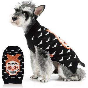 FOFOS Halloween Dog Sweater Skeleton, Acrylic Knit Dog Pullover Lightweight Dogs Halloween Clothes for Small Medium Puppies, Black, XS
