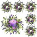 6 Pcs Mini Lavender Candle Rings Wreaths Purple Daisy Pillar Holder Small Wreath Artificial Wild Flower Spring Summer Floral Wreath for Farmhouse Porch Front Door Cabinets Table Decoration