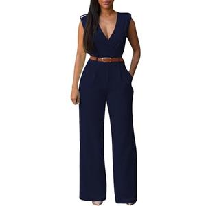 Pink Queen Jumpsuits For Women Dressy Formal Work Wrap V Neck Wide Leg Long Pants Rompers Pockets Dark Blue, S