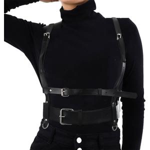 BODIY Punk Women Waist Belts PU Leather Fashion Body Chain Belt Circle Rave Halloween Accessories Belt Adjustable Gothic (Black-)