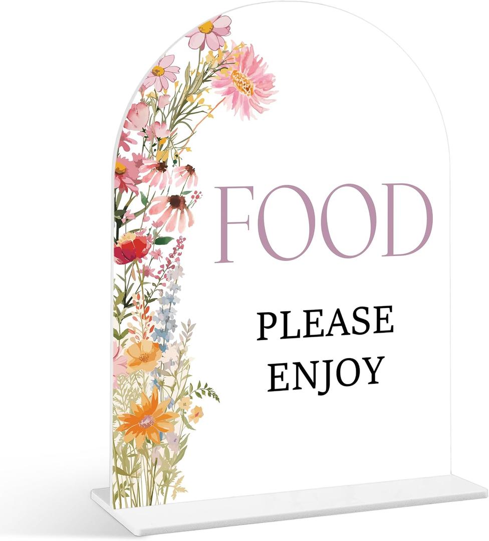 Food Please Enjoy Sign - Wildflower Baby Shower Sign, 1 Pack Arch Acrylic Sign with Stand, Gender Reveal Party Table Decor, Floral Baby Shower Supplies (SE46)