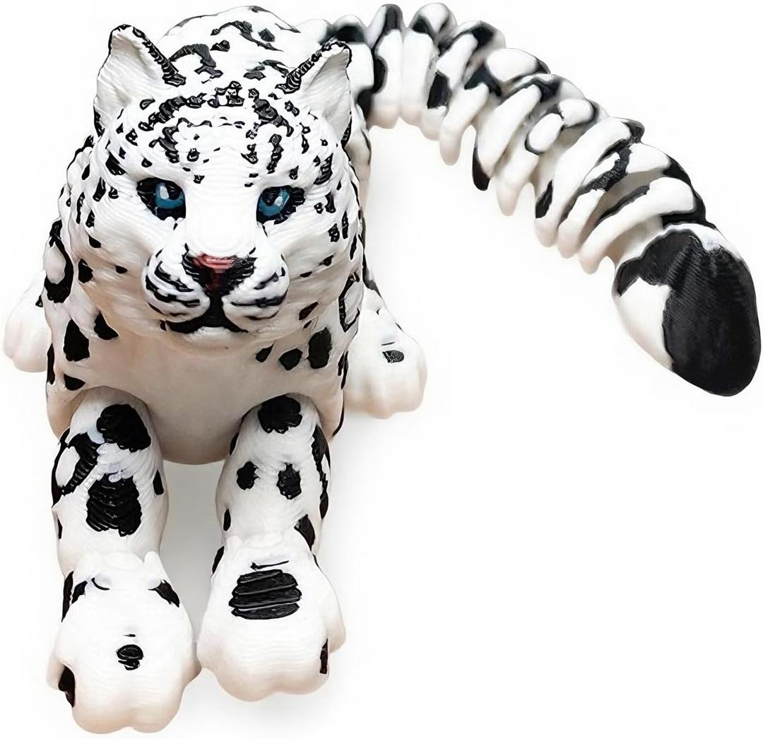 3D Printed Animals  8in Snow Leopard Flexible Articulated 3D Animals for Stress Relief & Unique Desk Decor