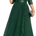 Plus Size Formal Dresses - V Neck 3/4 Sleeves Sequin Evening Gowns Prom Gala Wedding Guest Chiffon Long Maxi Dress (Green)