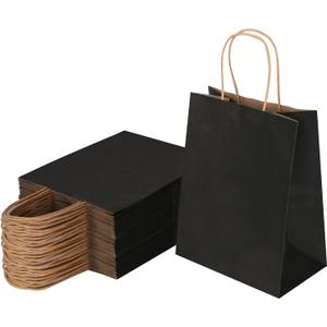 Joybe 50 Pack 8x4.75x10 Inch Medium Black Kraft Paper Bags with Handles Bulk, Craft Paper Gift Bags for Party Favors Grocery Retail Shopping Business Goody Merchandise Take Out Blank Sacks (50pcs)