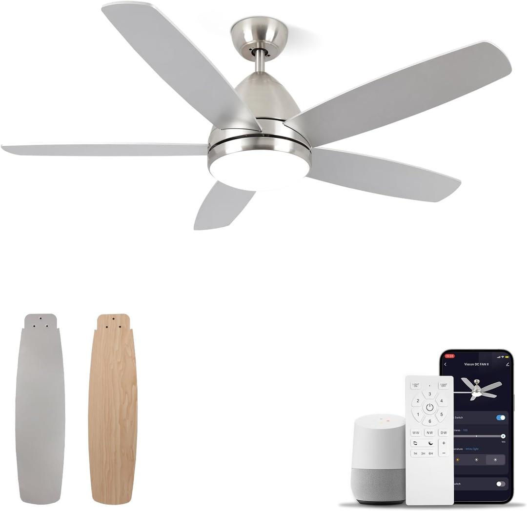 Smart Ceiling Fan with Light, Modern Nickel 52-Inch Outdoor Ceiling Fan and Remote/App, Dimmable Tri-Color LED and Reversible Motor For Indoor Bedroom/Outdoor Covered Patio