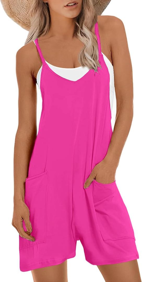 Muchpow Women's V Neck Sleeveless Romper Summer Casual Loose Spaghetti Strap Short Overalls Jumpersuit with Pockets (Rose Red, Small)