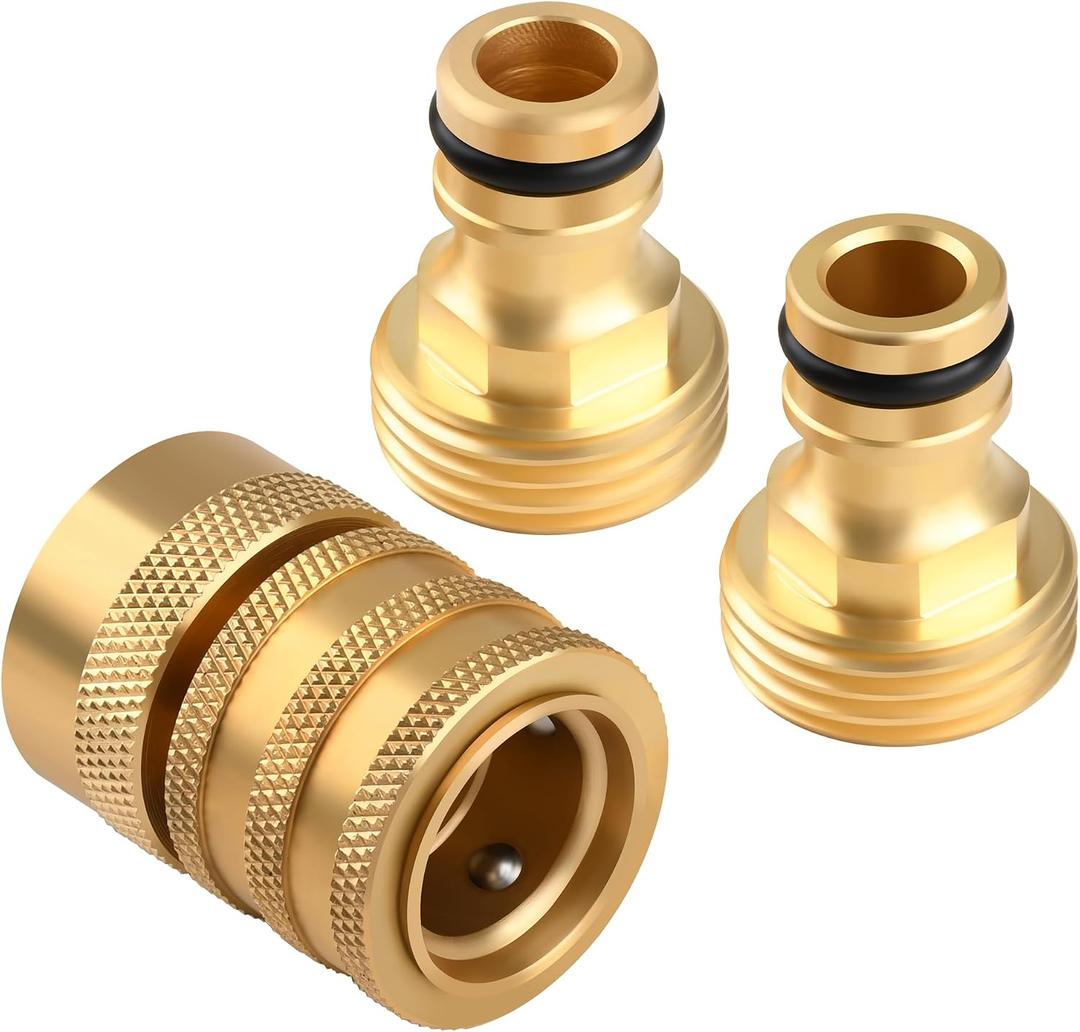 Brass Quick Connect Coupling Set with 3/4" GHT Thread, 1 Female Coupling + 2 Tool Adaptors, Solid Brass Water Hose Quick Connect Fittings, Easy Connect & Disconnect, Leak-Resistant Garden Hose Adapter