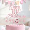 Rose Gold Happy 10th Birthday Cake Decorations, Glitter 10th Birthday Cake Toppers Set and Numeral 10 Candles for Birthday Party Supplies, Heart Star Cupcake Decorations