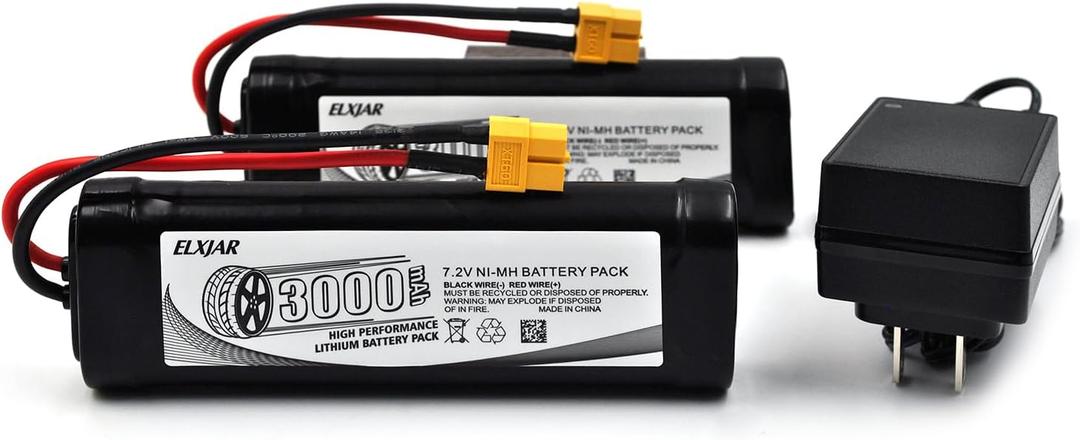 (2-Pack) 7.2V 3000mAh NiMH Battery with XT60 Connector and Balance Charger for RC Car Truck Buggy LOSI Associated HPI Kyosho Tamiya 2WD 4WD Models