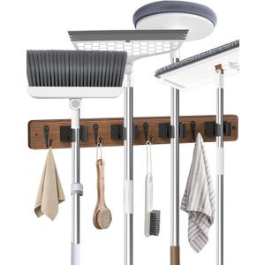 Broom Holder Wall Mounted, 4 Holders and 4 Hooks Mop Holder, Wooden Mop and Broom Holder with Anti slip rubber, Natural pine wood Brush Holder, Mop Wall Holde with Nail installation, Room Storage