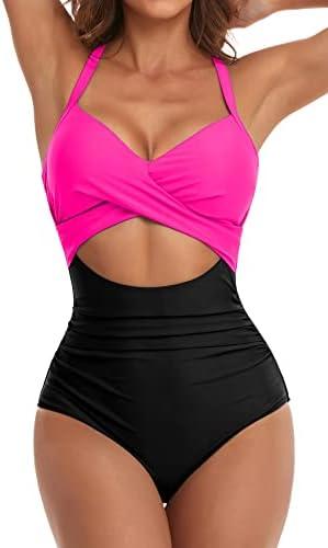 Eomenie Women's One Piece Swimsuits Tummy Control Cutout High Waisted Bathing Suit Wrap Tie Back 1 Piece Swimsuit.L