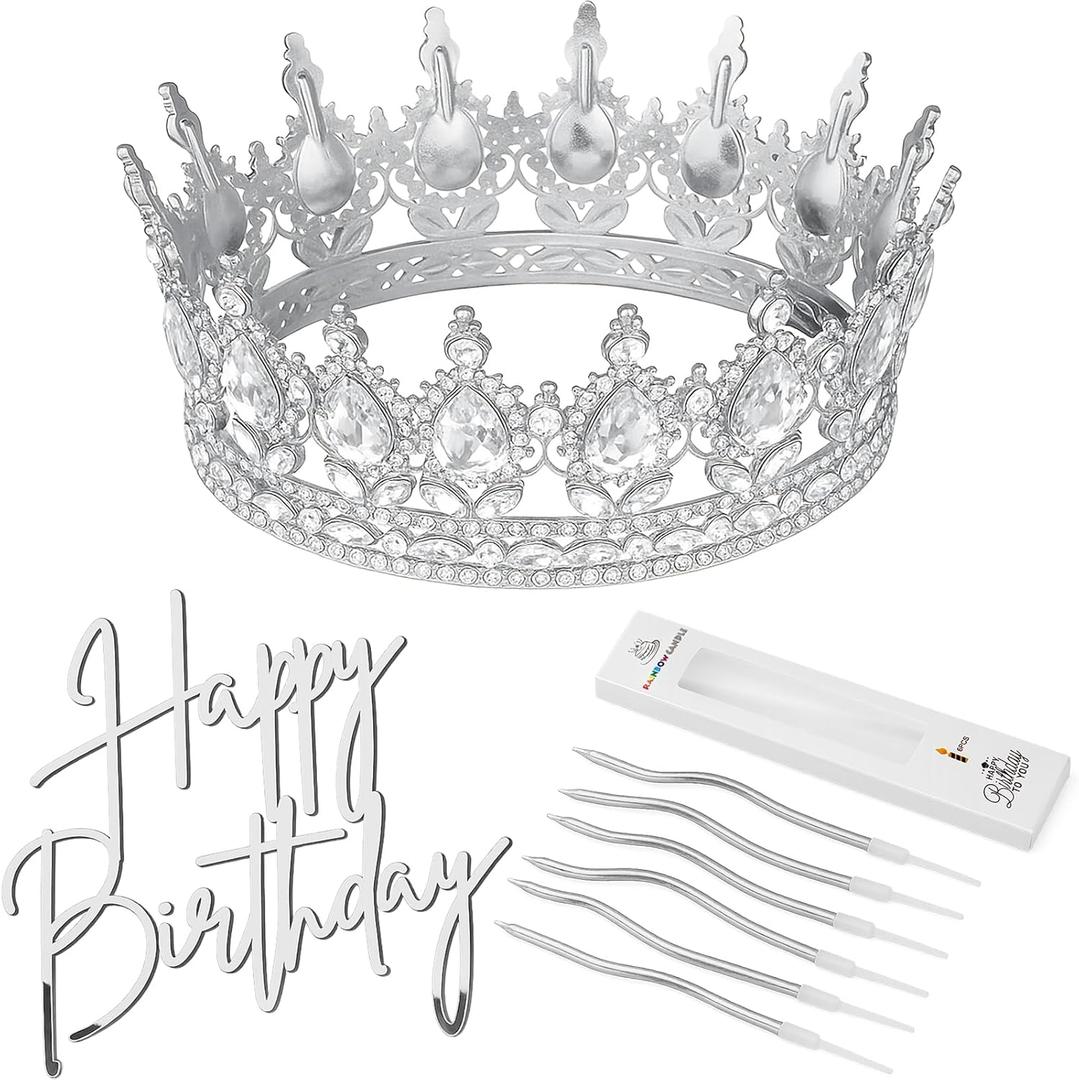 Highergo 8 Pcs Queen Crown Cake Topper Silver Rhinestone Crystal Tiara Birthday Cake Decoration for Women Princess Queen Wedding Party Photo Props