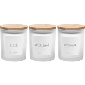 3PCS Modern 13.53oz Transparent Bathroom Canisters with 12 Labels & Wooden Lid Thick Glass Jar Set Qtip Holder for Cotton Ball & Pads Storage Organization Minimalist Decor