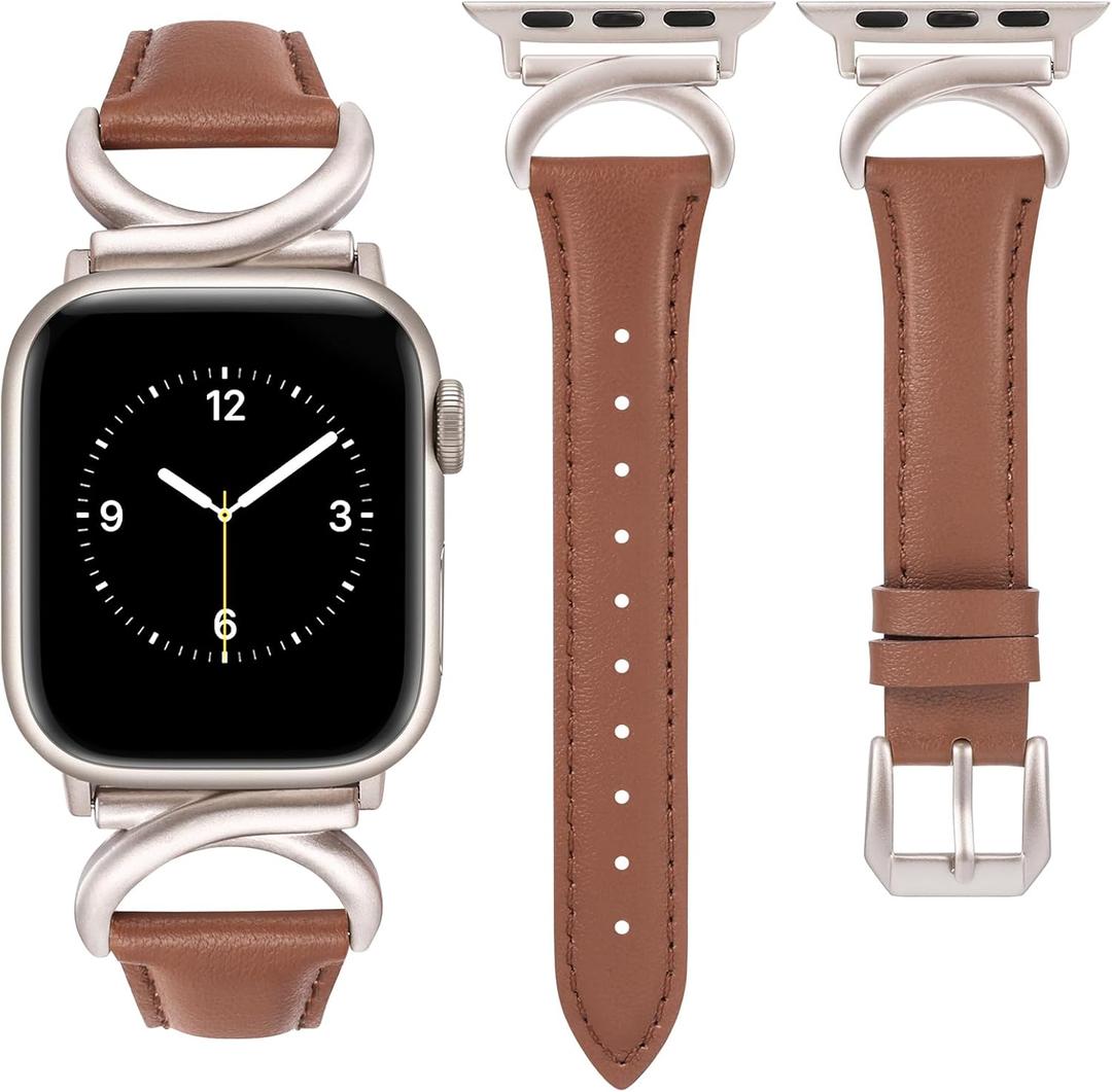 Minyee Leather Bands Compatible with Apple Watch Band 38/40/41/42/44/45/46/49mm Women, Slim Thin Dressy Designer Strap with C-Shape Metal Buckle for iWatch Series 11 10 9 8 7 6 5 4 SE/Ultra 3 2 1 (Brown/Starlight)
