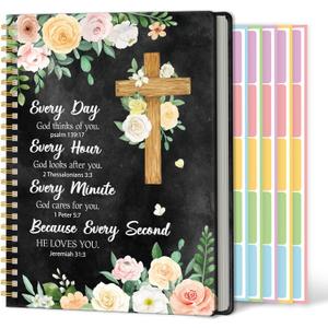 Xqumoi A5 Flowers Religious Black Hardcover Spiral Notebook with Bible Tabs - Cross Floral Christian Bible Verse Ruled Hardbound Journal Book Labels Index Christmas Gift Sunday School Office Supplies