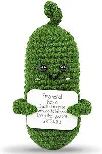 DAFURIET Mini Funny Pickle, 3 inch Knitted Wool Doll with Card for Cheer Up Galentines Valentines Gifts and Party Decorations, Cute Emotional Crochet Pickle for Birthday Easter
