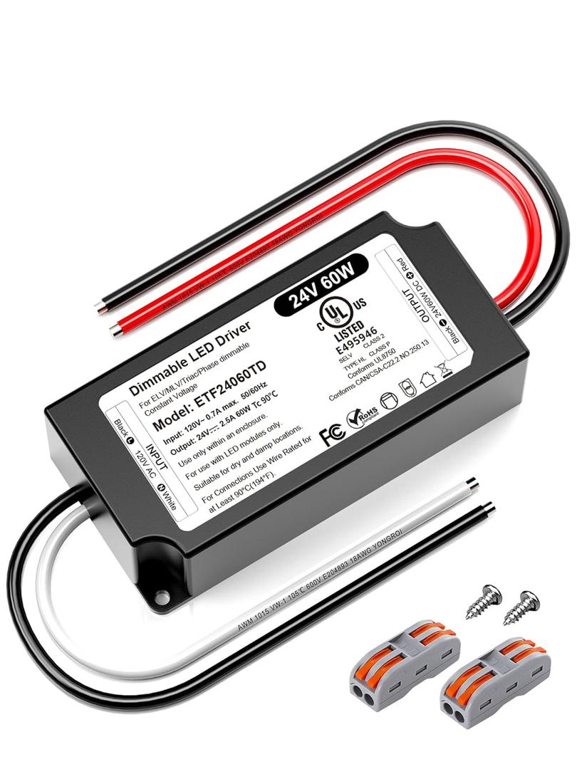 24V Dimmable LED Driver 60W, UL Listed DC 24V Triac ELV/MLV LED Dimmable Power Supply Compatible with Lutron & Leviton Switches 60 Watt LEDs Transformer 24 Volt for Strip Cabinets Light