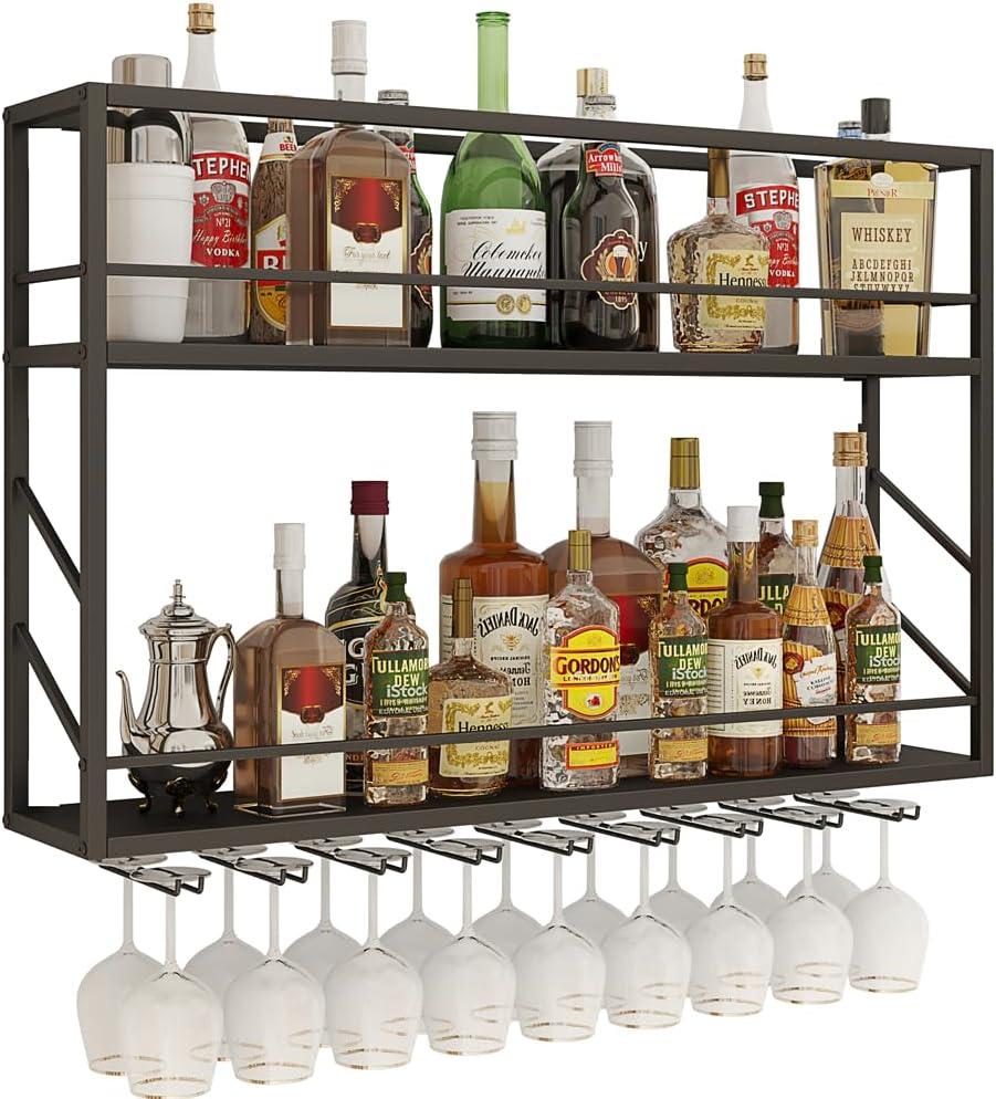 Wall Mounted Wine Rack 2 Tier, Metal Bar Liquor Shelves and Glass Holder,Wall Bar Shelf Wine Display Storage Holder for Home Bar, Dining Room, Kitchen(31.47.826in)