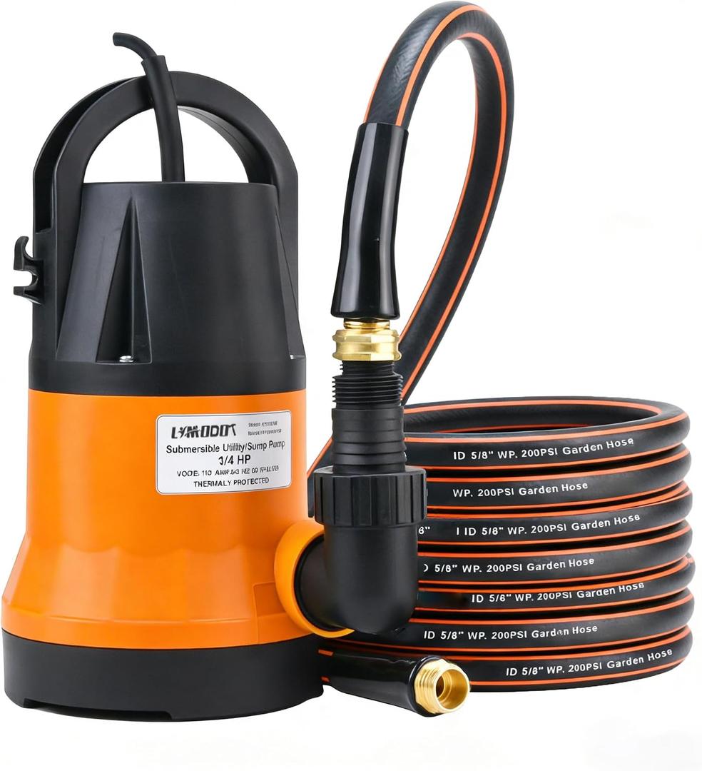 Sump Pump Submersible with 25 Ft. Garden Hose, 3/4HP