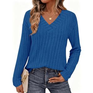 PRETTYGARDEN Fall Fashion 2026 Long Sleeve Shirts for Women Ribbed Knit V Neck Dressy Casual Lightweight Sweaters Tunic Tops (Blue, XXL)
