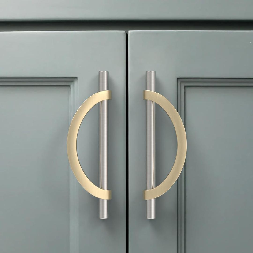 Amerdeco 10 Pack Brushed Satin Nickel and Gold Cabinet Pulls 5 Inch(128MM) Hole Centers Kitchen Cabinet Handles Cabinet Hardware Cupboard Handles Drawer Pulls