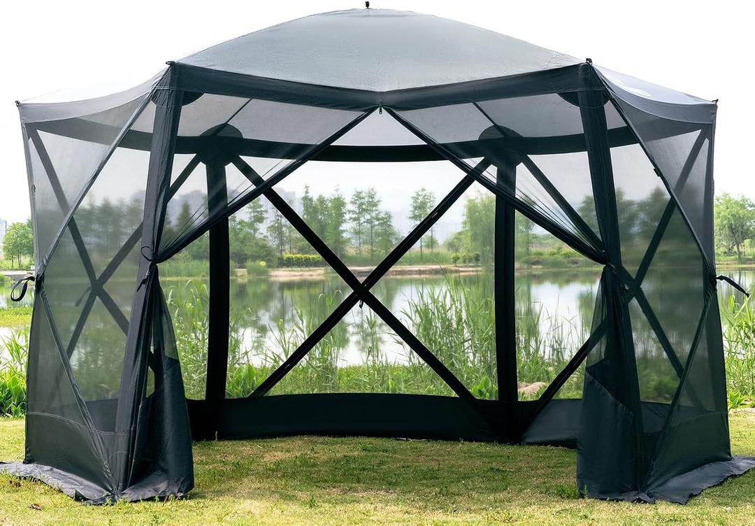 EVER ADVANCED Pop Up Gazebo Screen House Tent for Camping 11.5 ft for 8-10 Person Instant Canopy Shelter with Netting Portable for Outdoor, Backyard