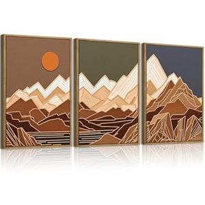 IARTTOP Large Modern Mountain Canvas Wall Art Framed Set of 3 Minimalist Geometric Mountain Wall Decor Abstract Woodcut Wall Painting for Living Room Bedroom Office-16x24 Inch