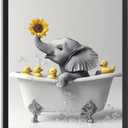 Framed Funny Black And White Bathroom Wall Art Baby Elephant And Toy Duck In The Bathtub Bathroom Signs Picture-Cute Animal Art Bathroom Wall Decor Canvas Prints Ready To Hang (24L" x 16W")