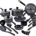 T-fal Initiatives Nonstick Cookware Set 18 Piece, Oven Broiler Safe 350F, Kitchen Cooking Set w/Fry Pans, Saucepans, Stockpots, Skillet, Spoons, Lids Pots and Pans Set, Dishwasher Safe, Stone Grey