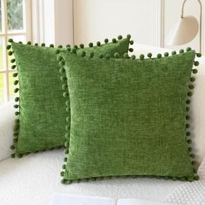 CaliTime Throw Pillow Covers Decorative 22 X 22 Inches Pack of 2 Cozy Solid Dyed Soft Chenille Cushion Cases with Pom Poms for Couch Sofa Bed Living Room Home Forest Green